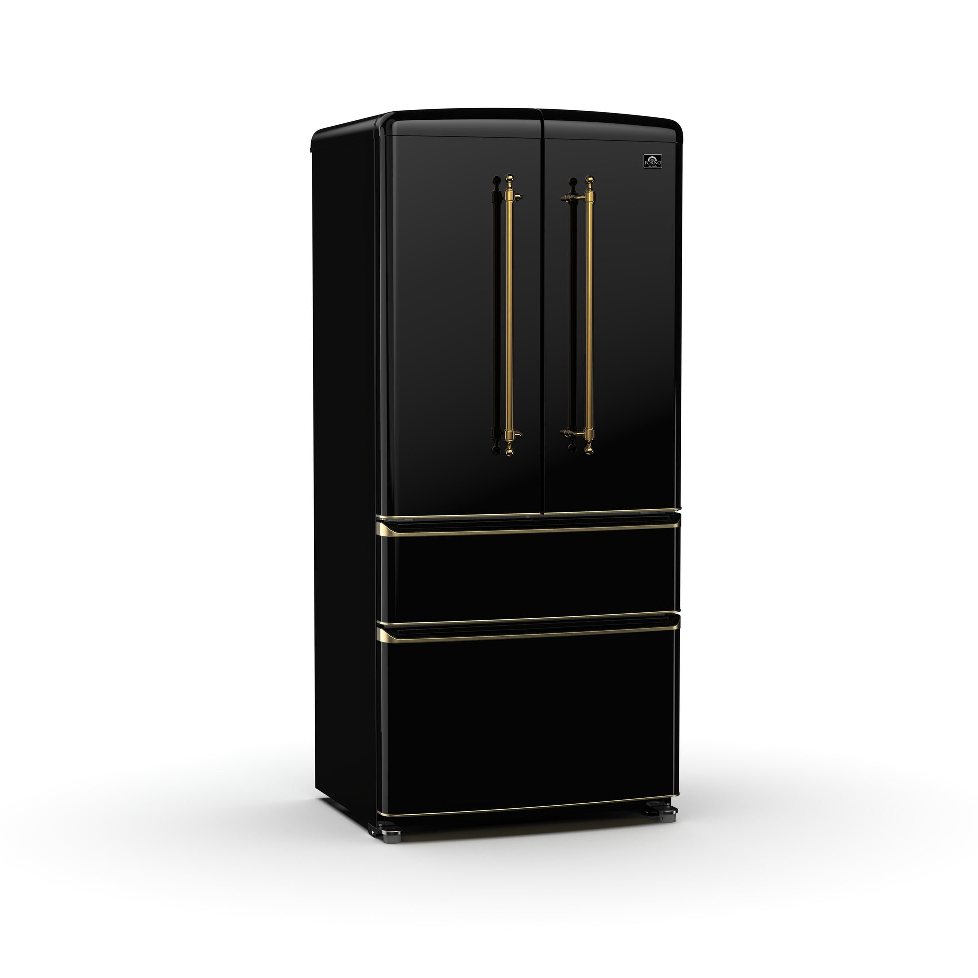 Forno Luigi 33-Inch French Door Refrigerator, 18 cu.ft, Black Finish, Antique Brass Handles, ENERGY STAR Certified - Forno Appliances