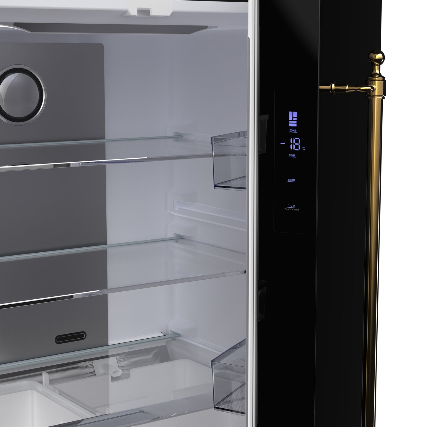 Forno Luigi 33-Inch French Door Refrigerator, 18 cu.ft, Black Finish, Antique Brass Handles, ENERGY STAR Certified - Forno Appliances