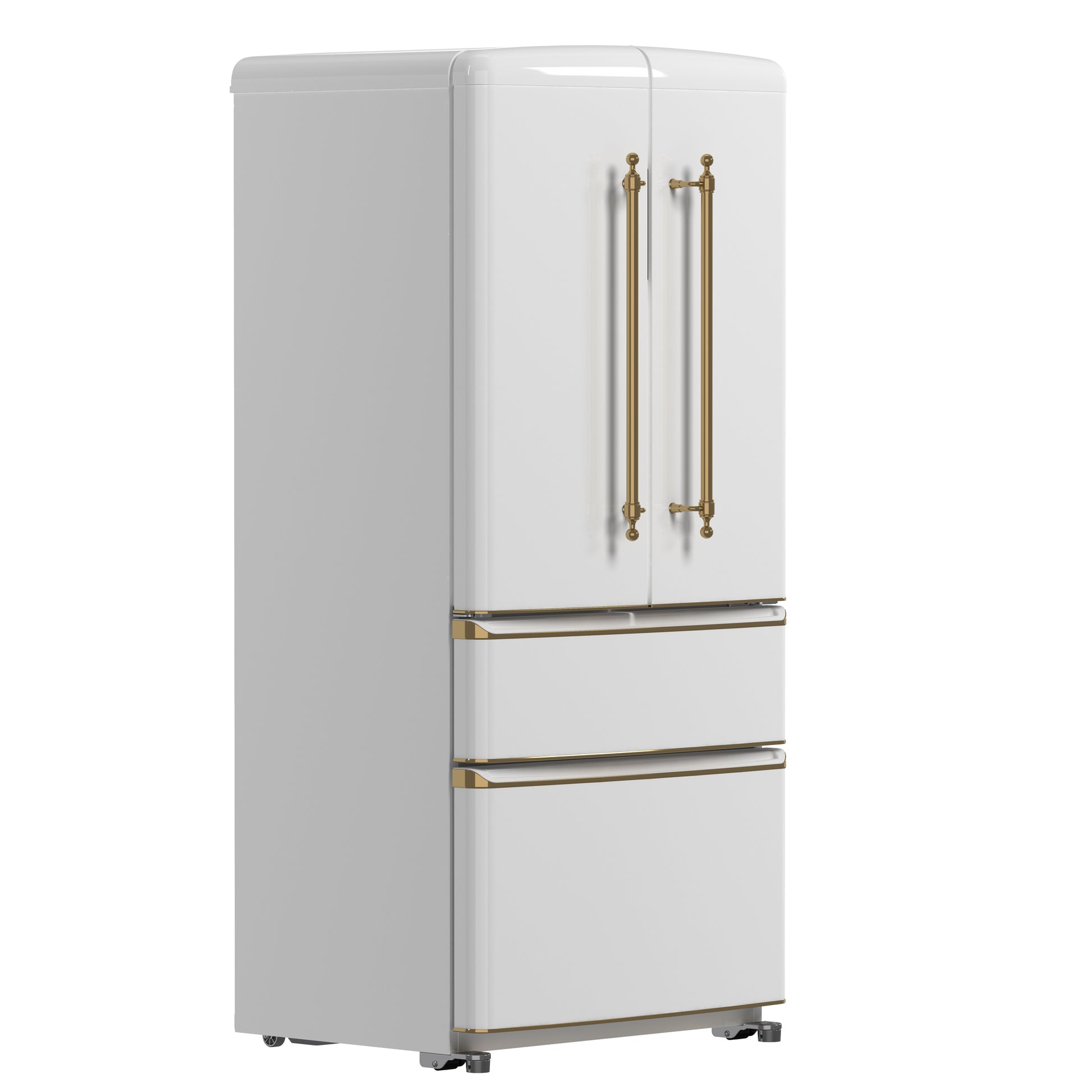 Forno Luigi 33-Inch French Door Refrigerator, 18 cu.ft, White Finish, Antique Brass Handles, ENERGY STAR Certified - Forno Appliances