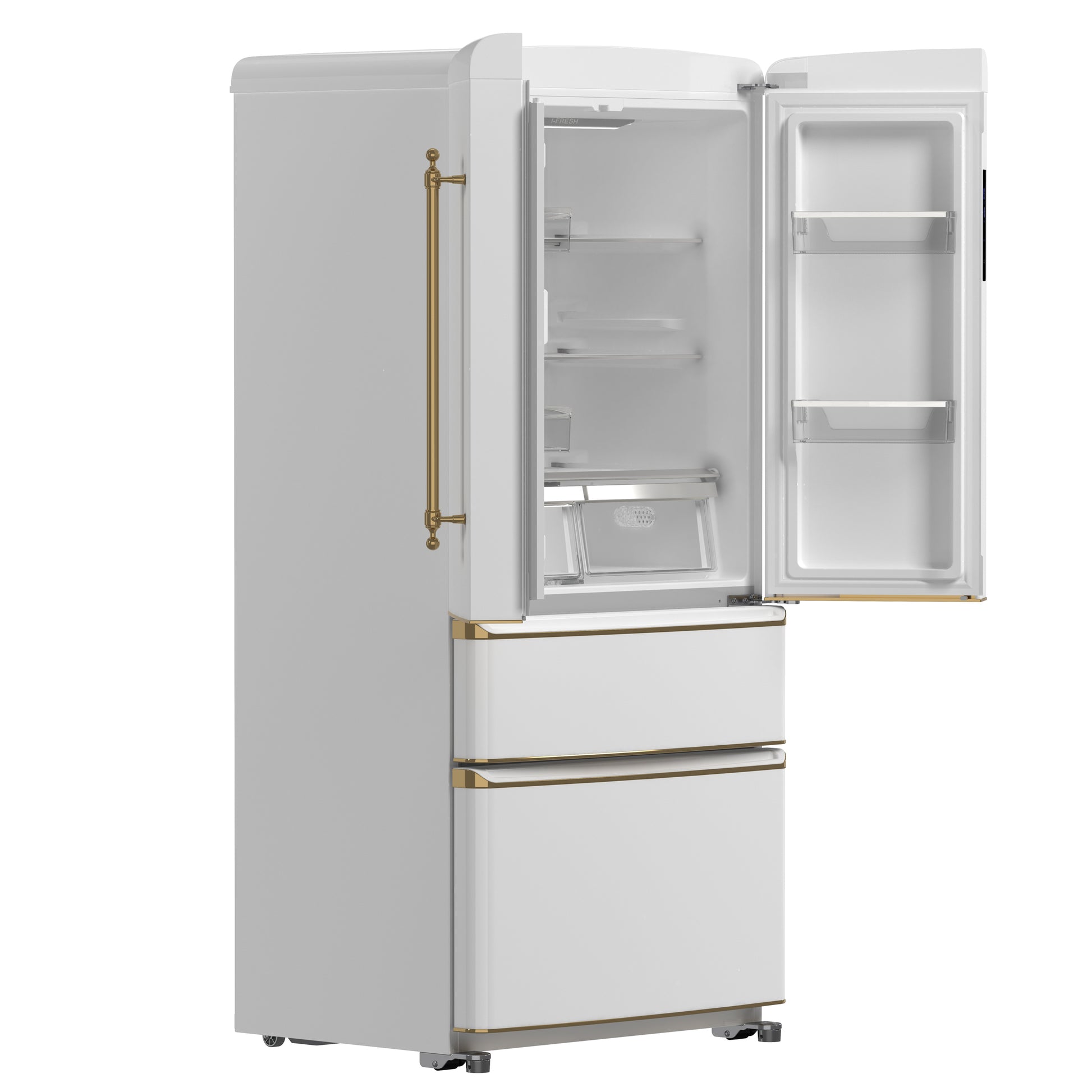 Forno Luigi 33-Inch French Door Refrigerator, 18 cu.ft, White Finish, Antique Brass Handles, ENERGY STAR Certified - Forno Appliances