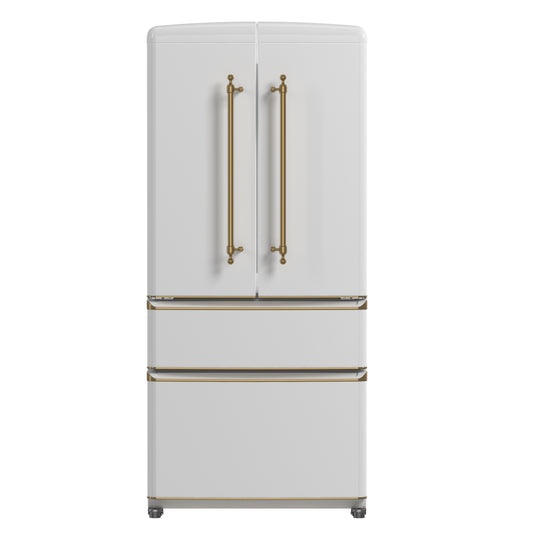 Forno Luigi 33-Inch French Door Refrigerator, 18 cu.ft, White Finish, Antique Brass Handles, ENERGY STAR Certified - Forno Appliances