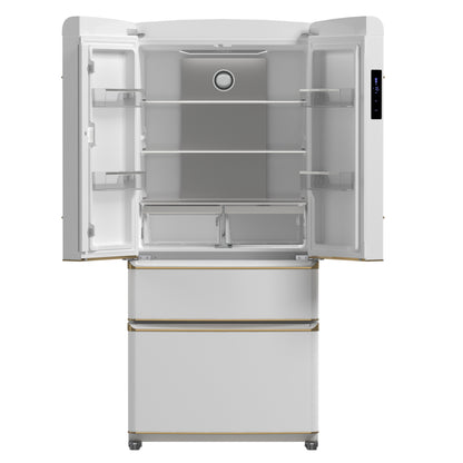 Forno Luigi 33-Inch French Door Refrigerator, 18 cu.ft, White Finish, Antique Brass Handles, ENERGY STAR Certified - Forno Appliances