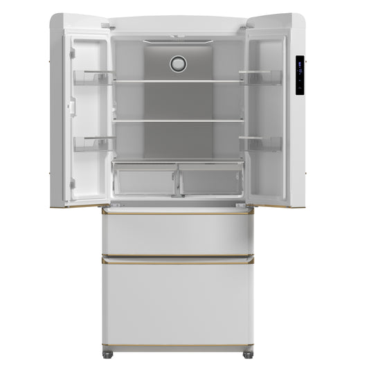 Forno Luigi 33-Inch French Door Refrigerator, 18 cu.ft, White Finish, Antique Brass Handles, ENERGY STAR Certified - Forno Appliances