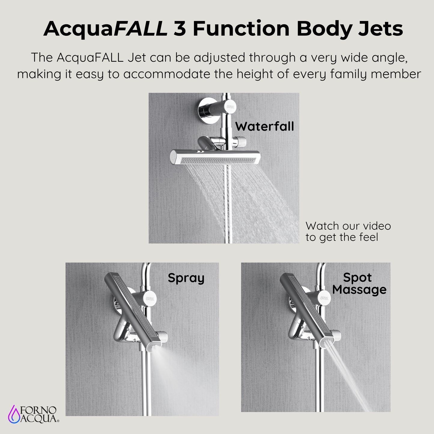 Forno Acqua AcquaFALL Shower, Polished Stainless Steel Finish, Overhead Rainfall Shower, Handheld Shower Head, Body Jets, 1.8 GPM Flow Rate