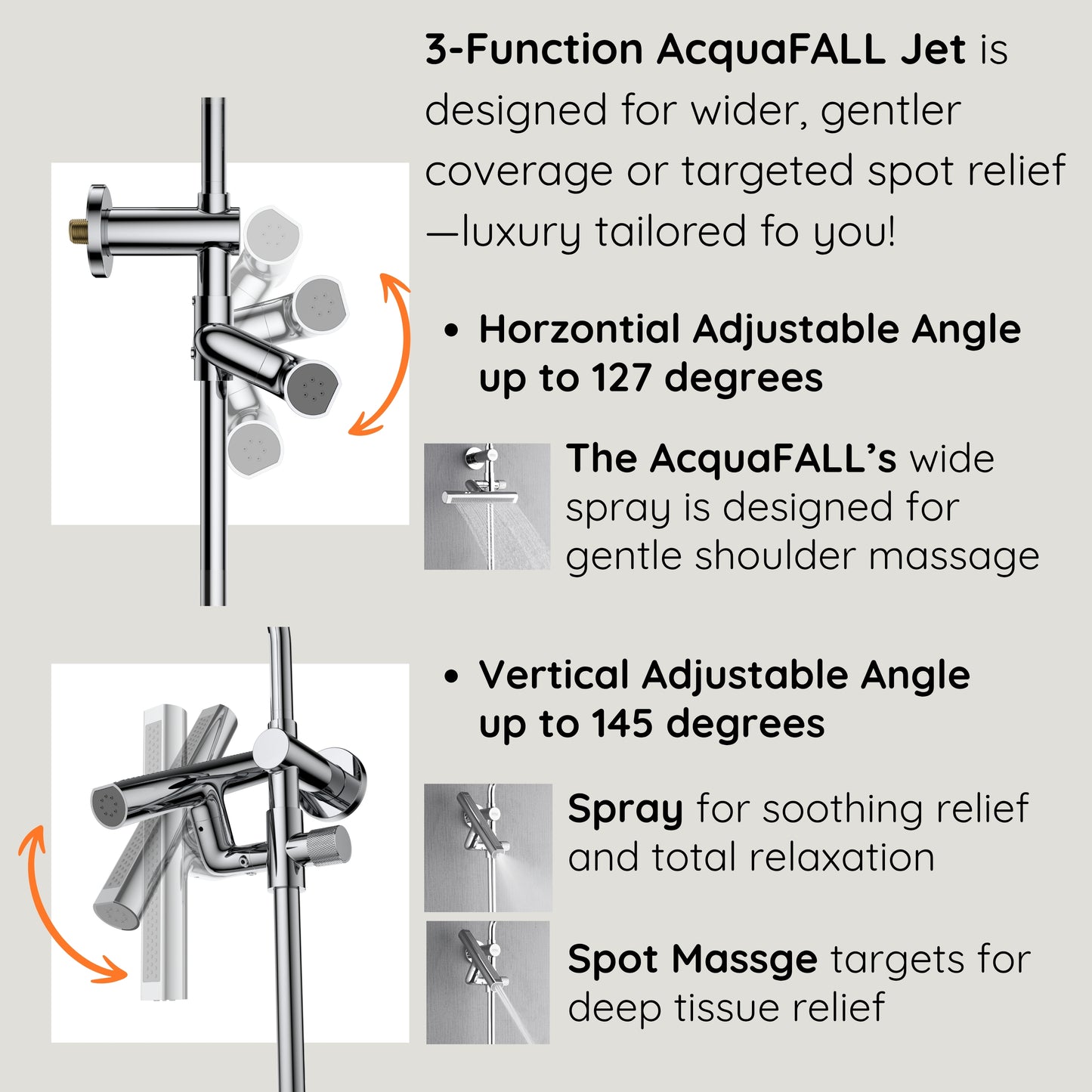 Forno Acqua AcquaFALL Shower, Polished Stainless Steel Finish, Overhead Rainfall Shower, 7 Way Diverter, Handheld Shower Head, Body Jets, 1.8 GPM Flow Rate