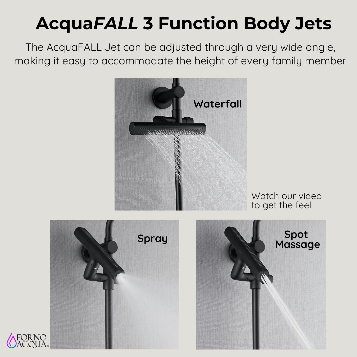 Forno Acqua AcquaFALL Shower, Matte Black Finish, Overhead Rainfall Shower, 7 Way Diverter, Handheld Shower Head, Body Jets, 2.5 GPM Flow Rate