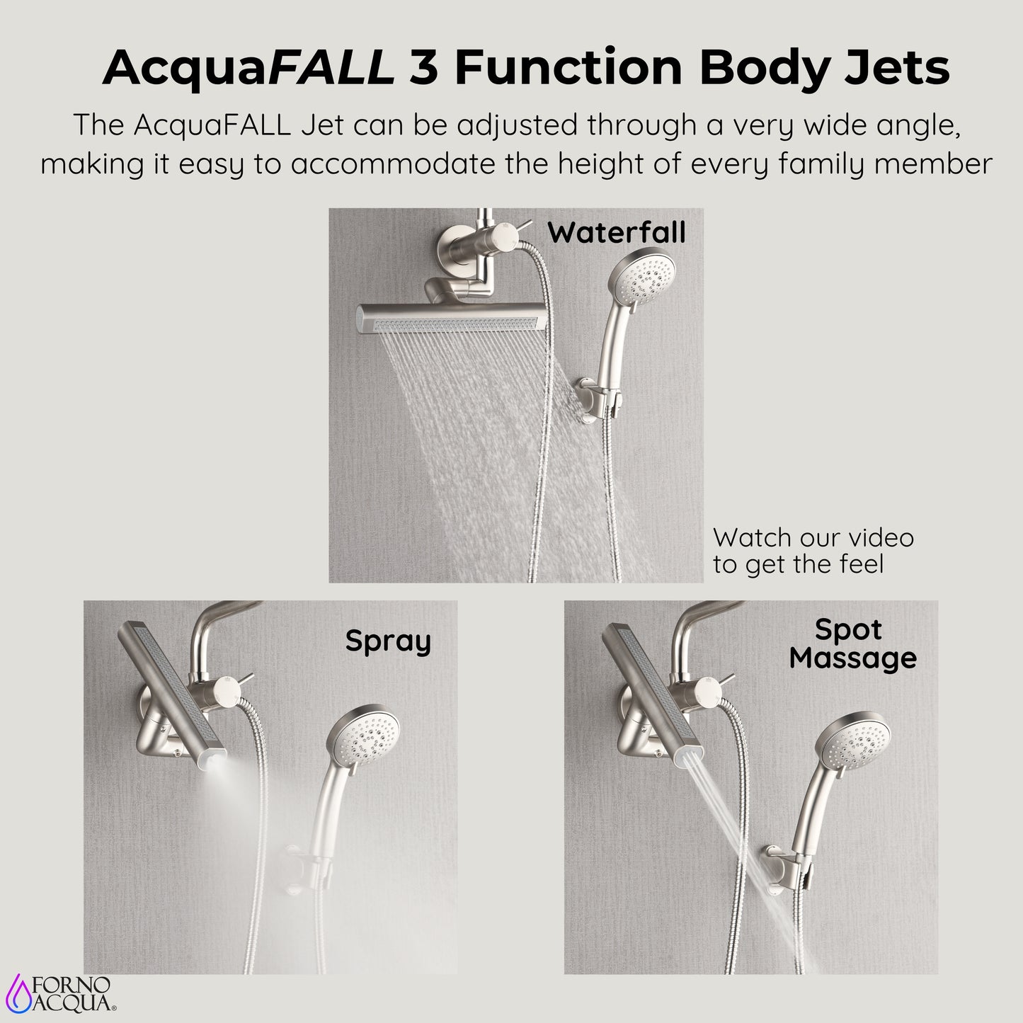 Forno Acqua AcquaFALL Mini Shower Head, Brushed Nickel Finish, Overhead Rainfall Shower, 7 Way Diverter, Handheld Shower Head, Body Jets, 1.8 GPM Flow Rate