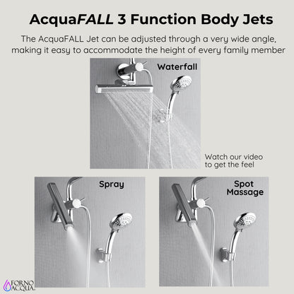 Forno Acqua AcquaFALL Mini Shower Head, Polished Stainless Steel Finish, Overhead Rainfall Shower, 7 Way Diverter, Handheld Shower Head, Body Jets, 2.5 GPM Flow Rate