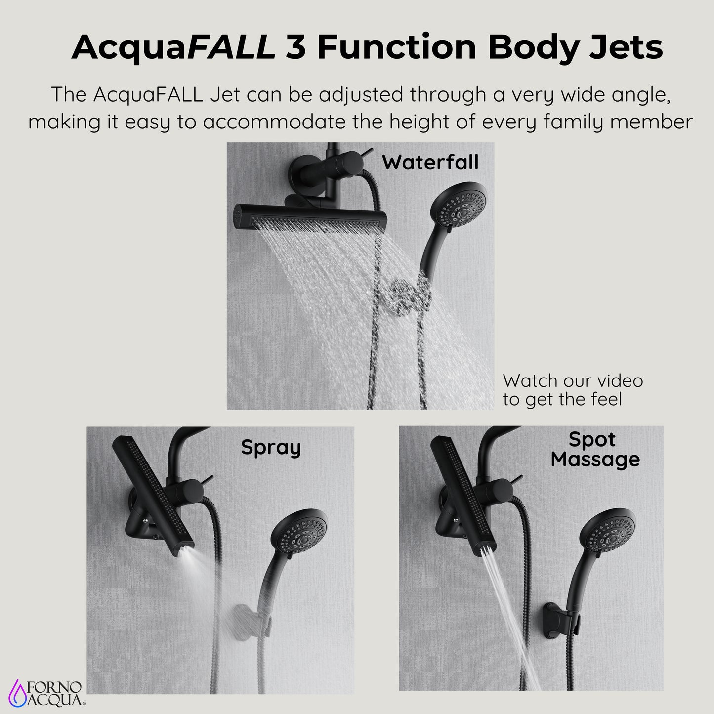 Forno Acqua AcquaFALL Mini 8 Inch Shower Head, Matte Black Finish, Overhead Rainfall Shower, Handheld Shower Head, Body Jets, 1.8 GPM Flow Rate