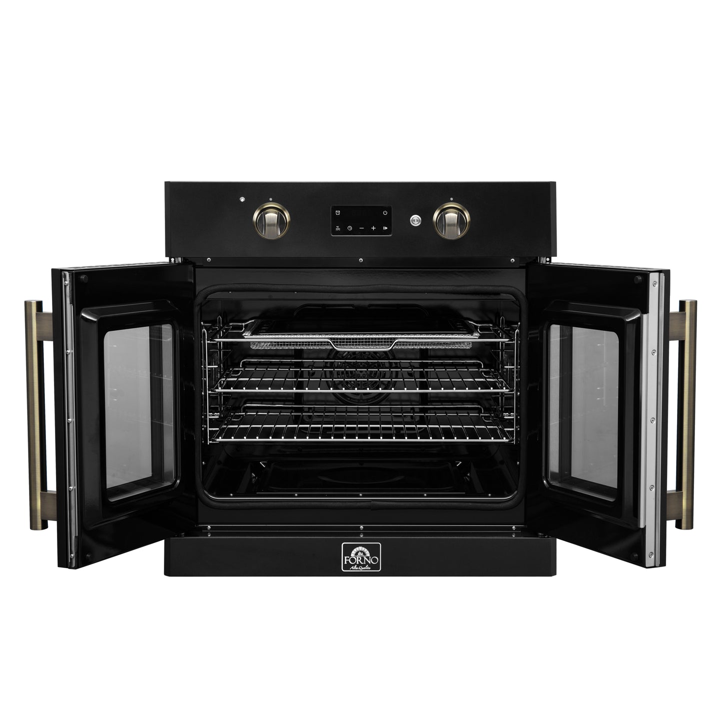 Forno Asti 30-Inch French Door Electric Wall Oven in Black & Antique Brass, 3.68 cu. ft. True Convection, 3,600W, Air Fry, Sous Vide, Self-Clean - Forno Appliances