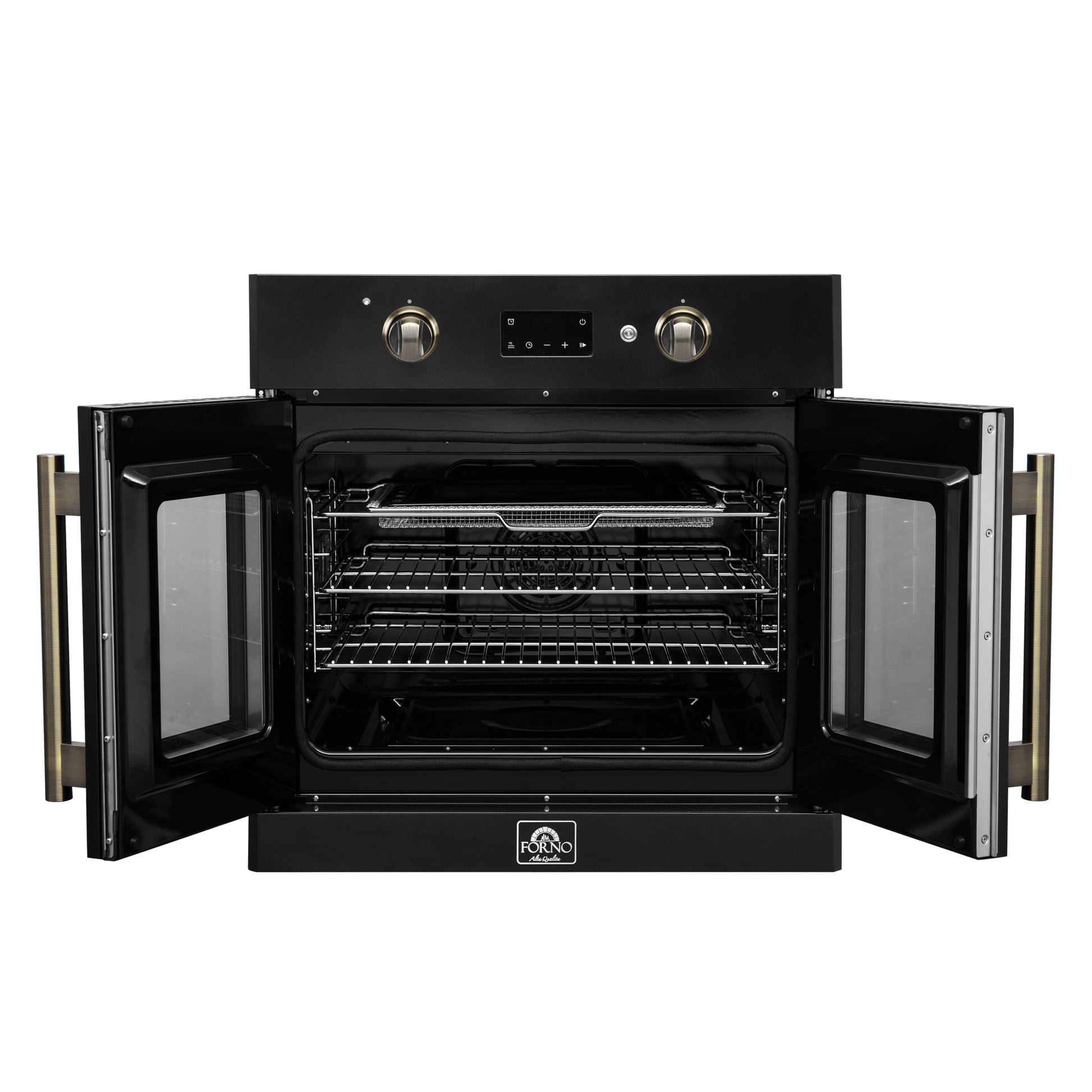 Forno Asti 30-Inch French Door Electric Wall Oven in Black & Antique Brass, 3.68 cu. ft. True Convection, 3,600W, Air Fry, Sous Vide, Self-Clean - Forno Appliances