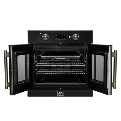 Forno Asti 30-Inch French Door Electric Wall Oven in Black & Antique Brass, 3.68 cu. ft. True Convection, 3,600W, Air Fry, Sous Vide, Self-Clean - Forno Appliances