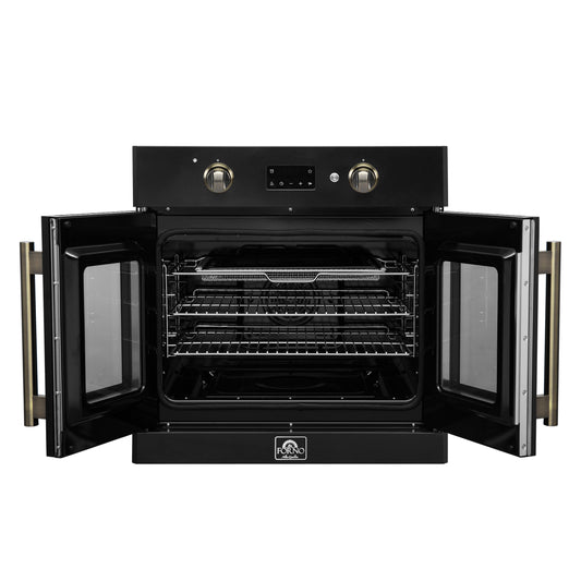 Forno Asti 30-Inch French Door Electric Wall Oven in Black & Antique Brass, 3.68 cu. ft. True Convection, 3,600W, Air Fry, Sous Vide, Self-Clean - Forno Appliances