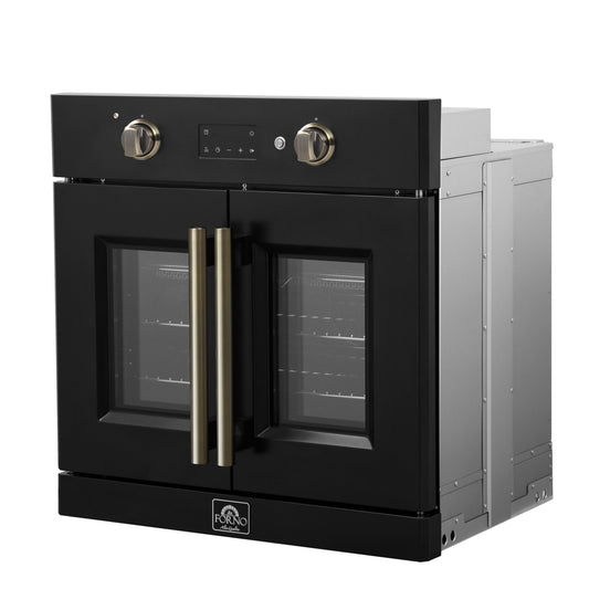 Forno Asti 30-Inch French Door Electric Wall Oven in Black & Antique Brass, 3.68 cu. ft. True Convection, 3,600W, Air Fry, Sous Vide, Self-Clean - Forno Appliances