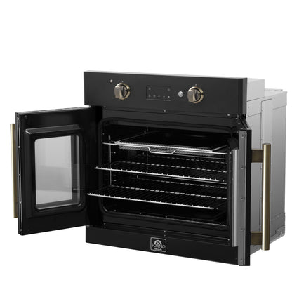 Forno Asti 30-Inch French Door Electric Wall Oven in Black & Antique Brass, 3.68 cu. ft. True Convection, 3,600W, Air Fry, Sous Vide, Self-Clean - Forno Appliances