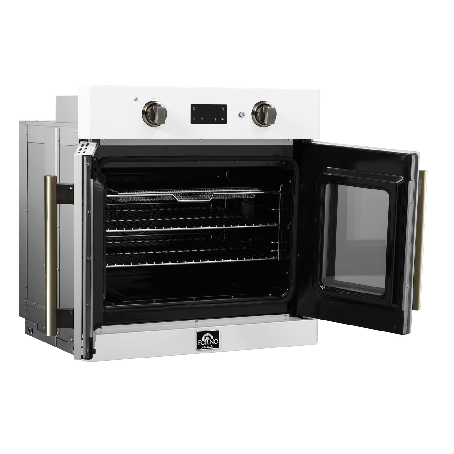 Forno Asti 30-Inch French Door Electric Wall Oven in White & Antique Brass, 3.68 cu. ft. True Convection, 3,600W, Air Fry, Sous Vide, Self-Clean - Forno Appliances