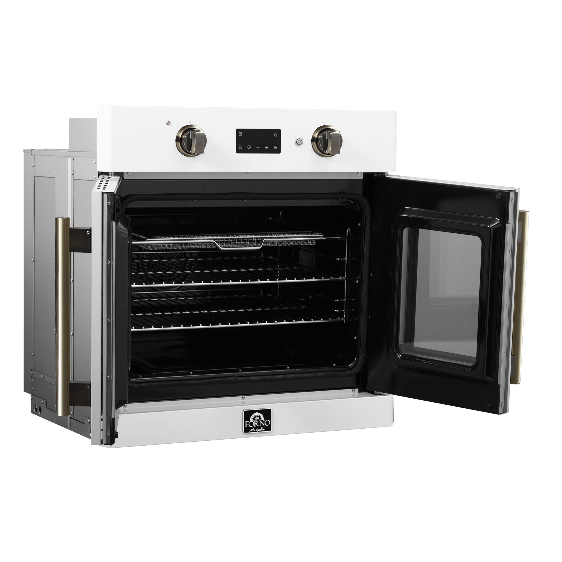 Forno Asti 30-Inch French Door Electric Wall Oven in White & Antique Brass, 3.68 cu. ft. True Convection, 3,600W, Air Fry, Sous Vide, Self-Clean - Forno Appliances