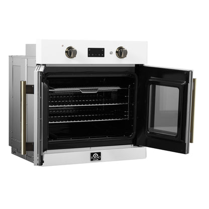 Forno Asti 30-Inch French Door Electric Wall Oven in White & Antique Brass, 3.68 cu. ft. True Convection, 3,600W, Air Fry, Sous Vide, Self-Clean - Forno Appliances