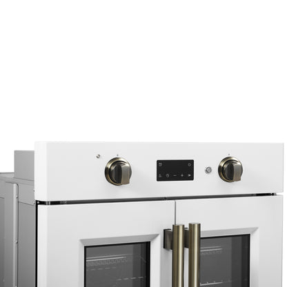 Forno Asti 30-Inch French Door Electric Wall Oven in White & Antique Brass, 3.68 cu. ft. True Convection, 3,600W, Air Fry, Sous Vide, Self-Clean - Forno Appliances