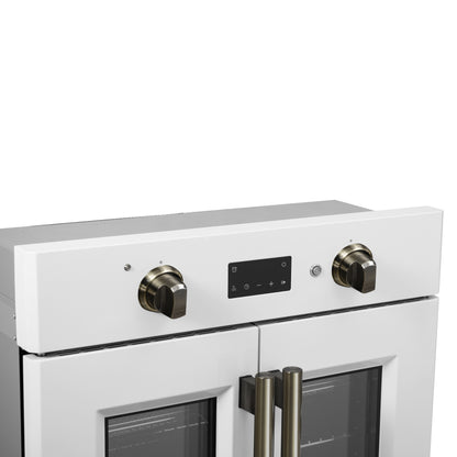 Forno Asti 30-Inch French Door Electric Wall Oven in White & Antique Brass, 3.68 cu. ft. True Convection, 3,600W, Air Fry, Sous Vide, Self-Clean - Forno Appliances