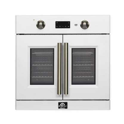 Forno Asti 30-Inch French Door Electric Wall Oven in White & Antique Brass, 3.68 cu. ft. True Convection, 3,600W, Air Fry, Sous Vide, Self-Clean - Forno Appliances