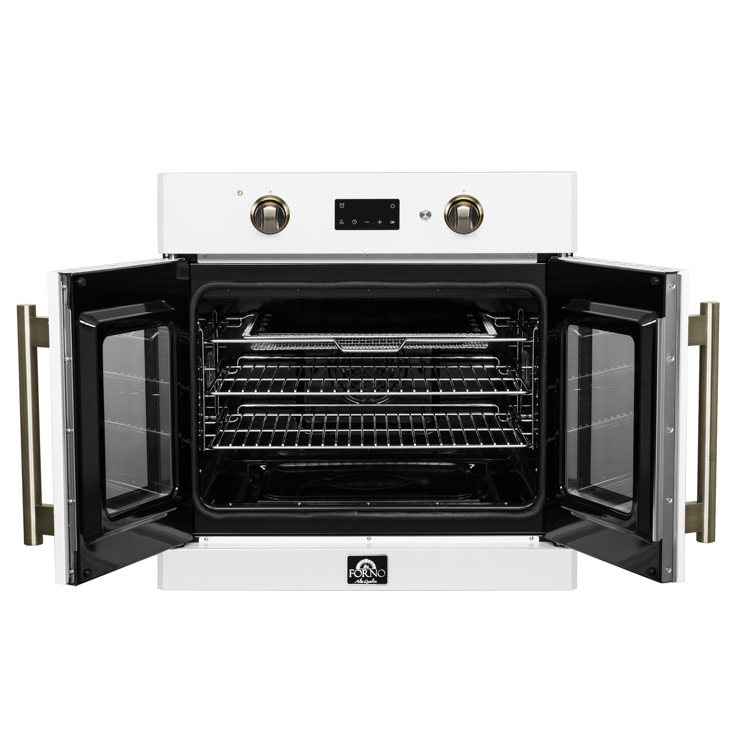 Forno Asti 30-Inch French Door Electric Wall Oven in White & Antique Brass, 3.68 cu. ft. True Convection, 3,600W, Air Fry, Sous Vide, Self-Clean - Forno Appliances