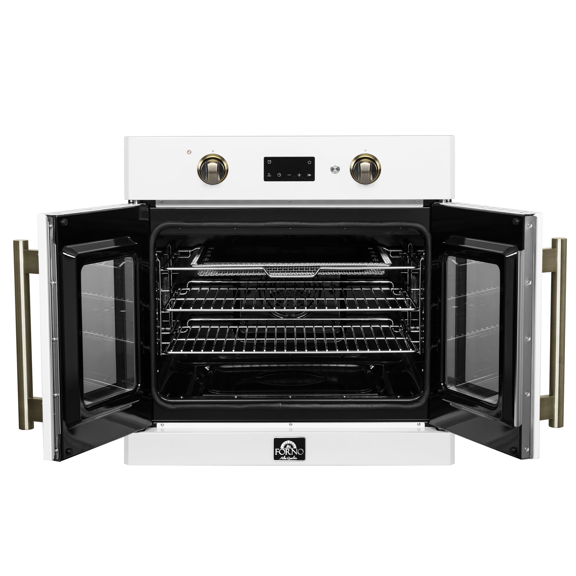 Forno Asti 30-Inch French Door Electric Wall Oven in White & Antique Brass, 3.68 cu. ft. True Convection, 3,600W, Air Fry, Sous Vide, Self-Clean - Forno Appliances