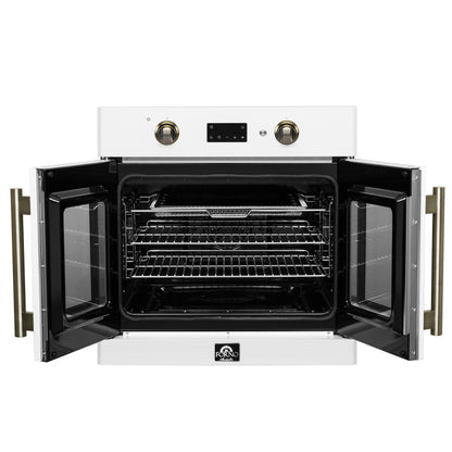Forno Asti 30-Inch French Door Electric Wall Oven in White & Antique Brass, 3.68 cu. ft. True Convection, 3,600W, Air Fry, Sous Vide, Self-Clean - Forno Appliances
