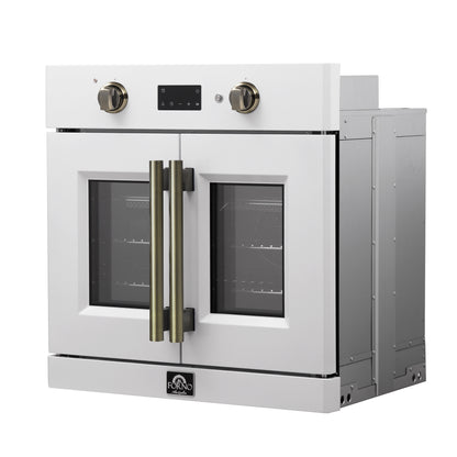 Forno Asti 30-Inch French Door Electric Wall Oven in White & Antique Brass, 3.68 cu. ft. True Convection, 3,600W, Air Fry, Sous Vide, Self-Clean - Forno Appliances