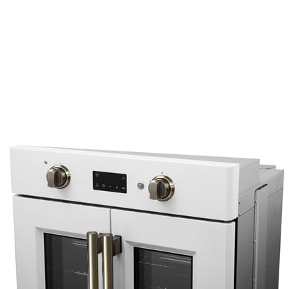 Forno Asti 30-Inch French Door Electric Wall Oven in White & Antique Brass, 3.68 cu. ft. True Convection, 3,600W, Air Fry, Sous Vide, Self-Clean - Forno Appliances