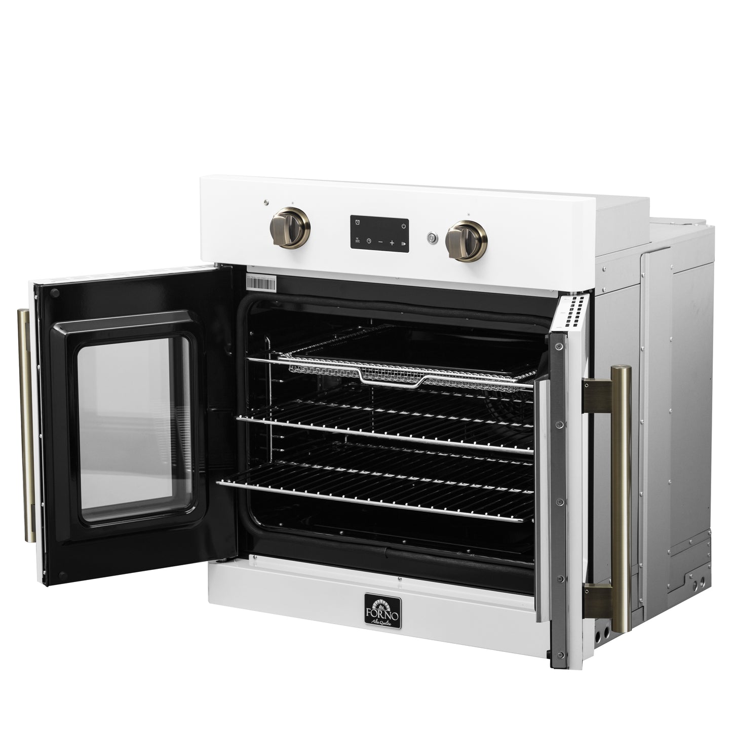 Forno Asti 30-Inch French Door Electric Wall Oven in White & Antique Brass, 3.68 cu. ft. True Convection, 3,600W, Air Fry, Sous Vide, Self-Clean - Forno Appliances