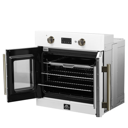 Forno Asti 30-Inch French Door Electric Wall Oven in White & Antique Brass, 3.68 cu. ft. True Convection, 3,600W, Air Fry, Sous Vide, Self-Clean - Forno Appliances