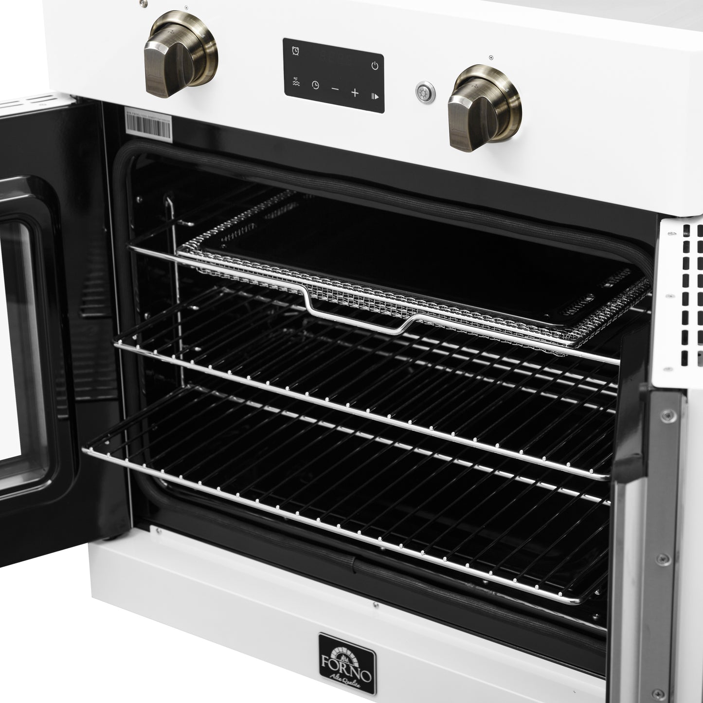 Forno Asti 30-Inch French Door Electric Wall Oven in White & Antique Brass, 3.68 cu. ft. True Convection, 3,600W, Air Fry, Sous Vide, Self-Clean - Forno Appliances