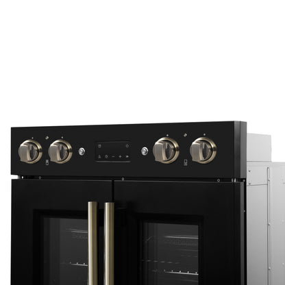 Forno Asti 30-Inch Double Electric Wall Oven with Upper French Doors in Black & Antique Brass, 7.36 cu. ft. Dual True Convection, 7,200W, Air Fry, Sous Vide, Self-Clean - Forno Appliances