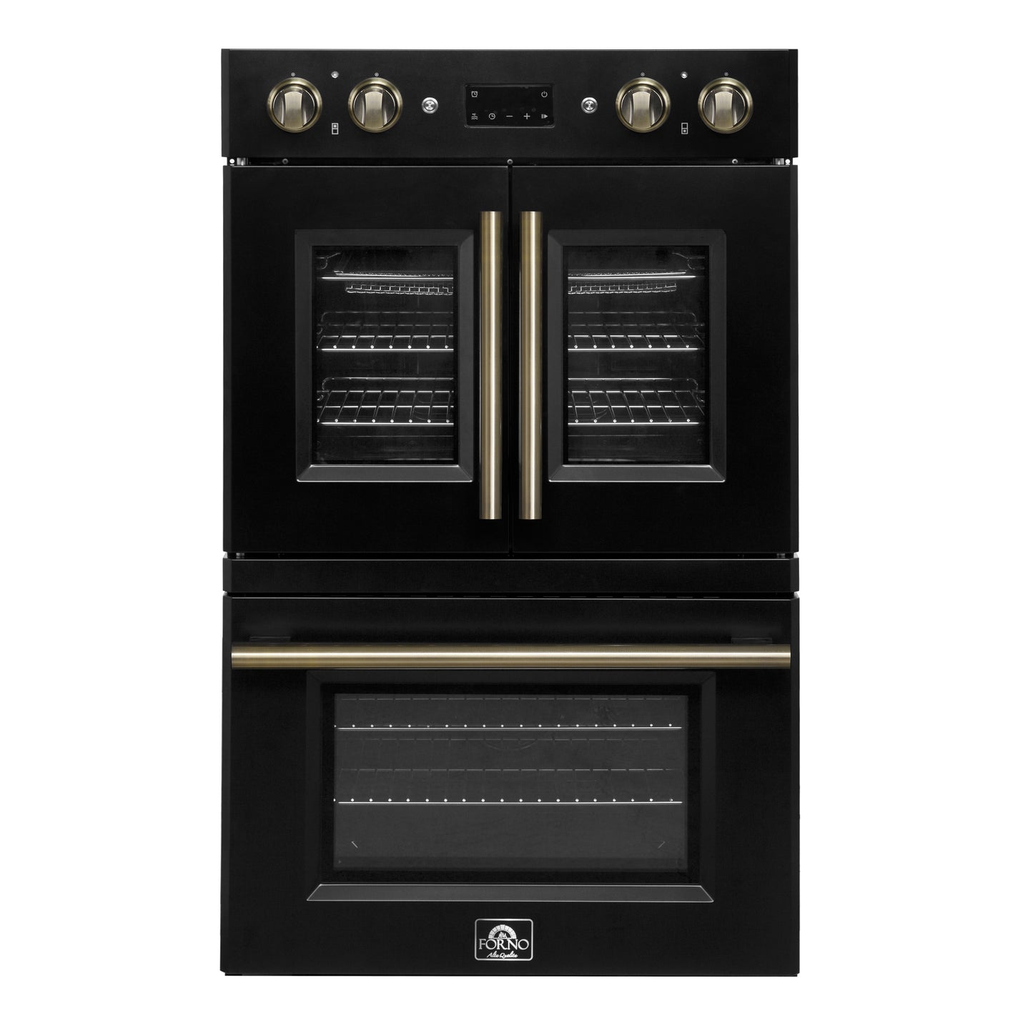 Forno Asti 30-Inch Double Electric Wall Oven with Upper French Doors in Black & Antique Brass, 7.36 cu. ft. Dual True Convection, 7,200W, Air Fry, Sous Vide, Self-Clean - Forno Appliances