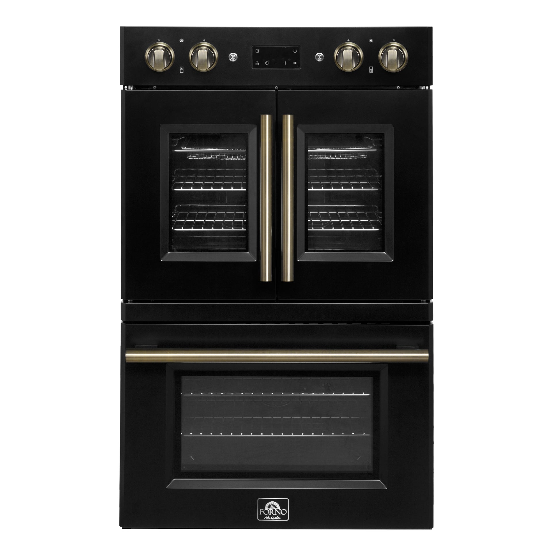 Forno Asti 30-Inch Double Electric Wall Oven with Upper French Doors in Black & Antique Brass, 7.36 cu. ft. Dual True Convection, 7,200W, Air Fry, Sous Vide, Self-Clean - Forno Appliances