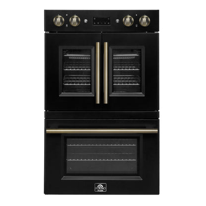 Forno Asti 30-Inch Double Electric Wall Oven with Upper French Doors in Black & Antique Brass, 7.36 cu. ft. Dual True Convection, 7,200W, Air Fry, Sous Vide, Self-Clean - Forno Appliances
