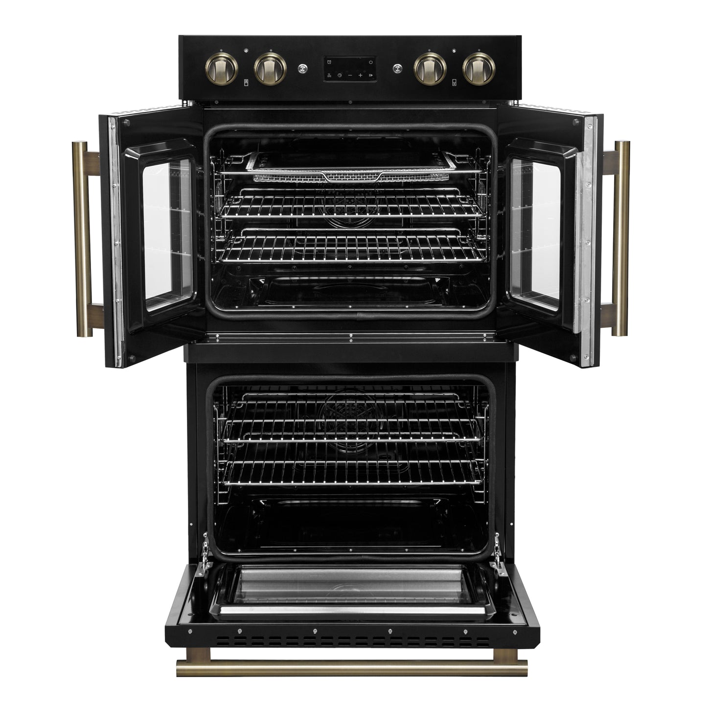 Forno Asti 30-Inch Double Electric Wall Oven with Upper French Doors in Black & Antique Brass, 7.36 cu. ft. Dual True Convection, 7,200W, Air Fry, Sous Vide, Self-Clean - Forno Appliances