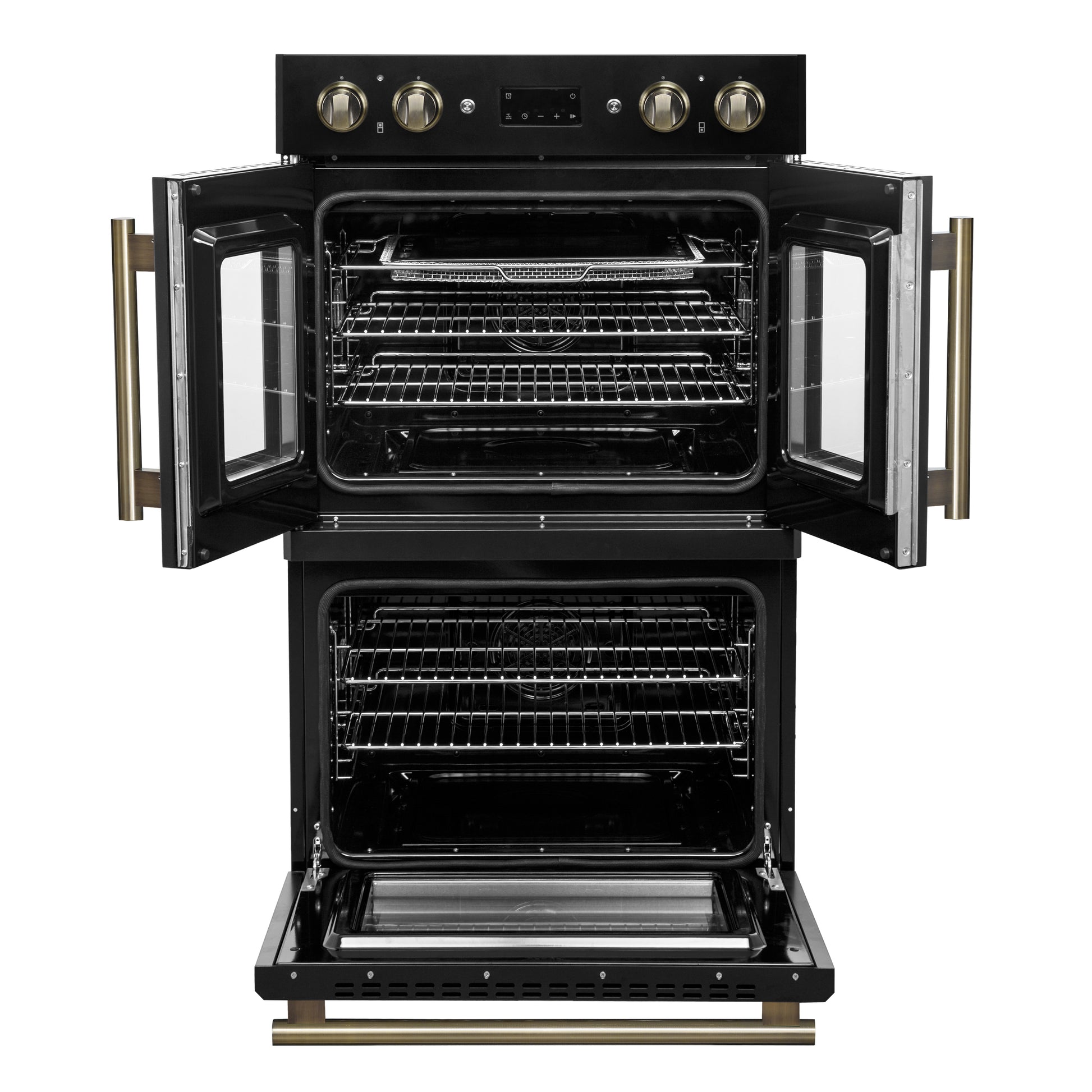 Forno Asti 30-Inch Double Electric Wall Oven with Upper French Doors in Black & Antique Brass, 7.36 cu. ft. Dual True Convection, 7,200W, Air Fry, Sous Vide, Self-Clean - Forno Appliances