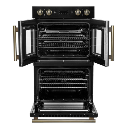 Forno Asti 30-Inch Double Electric Wall Oven with Upper French Doors in Black & Antique Brass, 7.36 cu. ft. Dual True Convection, 7,200W, Air Fry, Sous Vide, Self-Clean - Forno Appliances