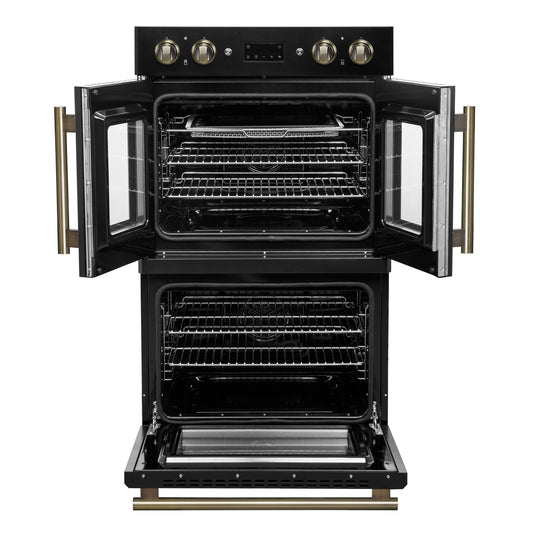Forno Asti 30-Inch Double Electric Wall Oven with Upper French Doors in Black & Antique Brass, 7.36 cu. ft. Dual True Convection, 7,200W, Air Fry, Sous Vide, Self-Clean - Forno Appliances