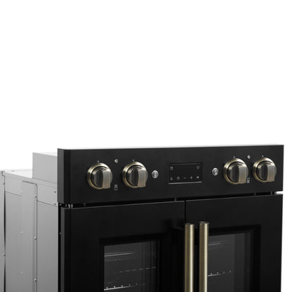 Forno Asti 30-Inch Double Electric Wall Oven with Upper French Doors in Black & Antique Brass, 7.36 cu. ft. Dual True Convection, 7,200W, Air Fry, Sous Vide, Self-Clean - Forno Appliances