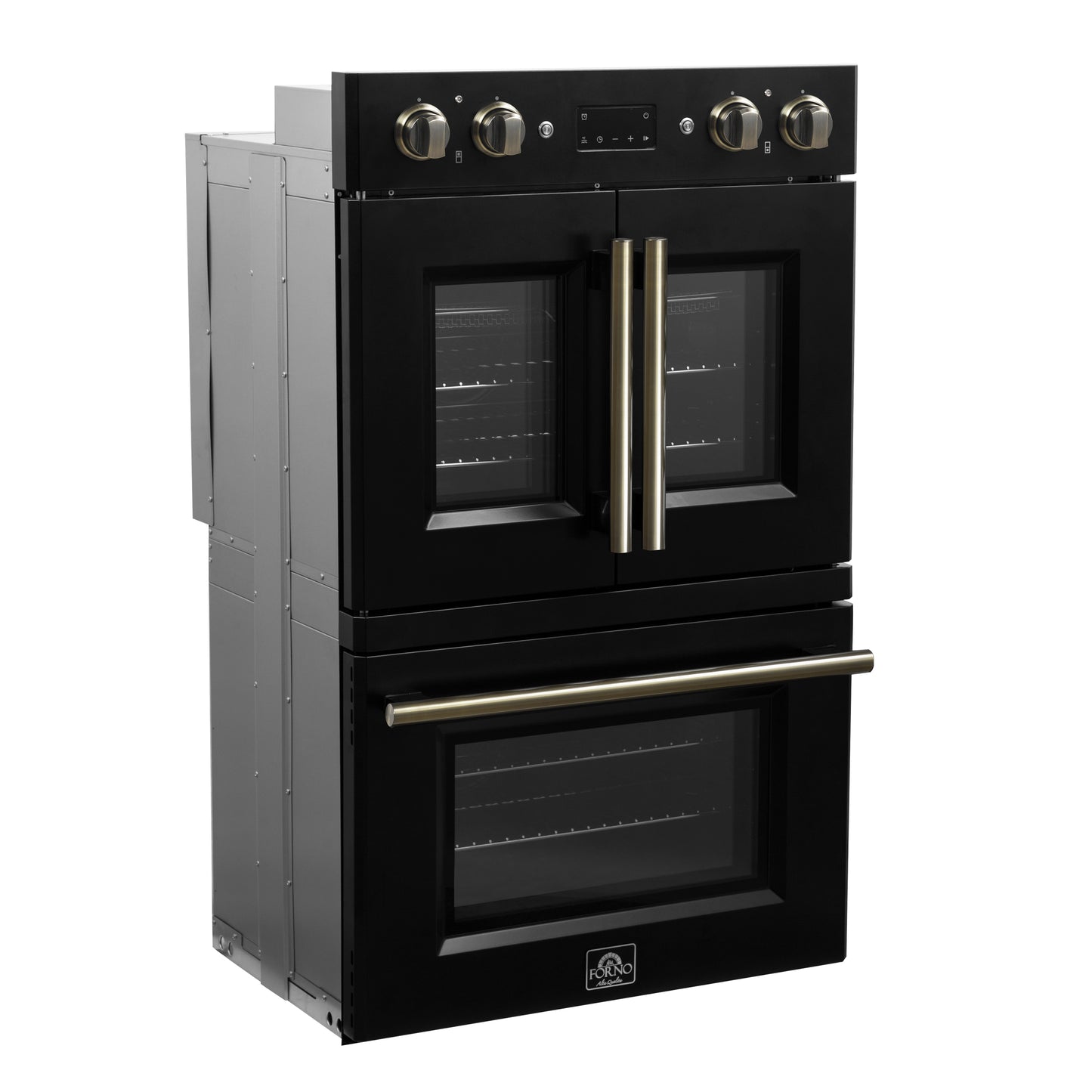 Forno Asti 30-Inch Double Electric Wall Oven with Upper French Doors in Black & Antique Brass, 7.36 cu. ft. Dual True Convection, 7,200W, Air Fry, Sous Vide, Self-Clean - Forno Appliances