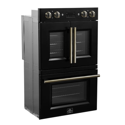 Forno Asti 30-Inch Double Electric Wall Oven with Upper French Doors in Black & Antique Brass, 7.36 cu. ft. Dual True Convection, 7,200W, Air Fry, Sous Vide, Self-Clean - Forno Appliances