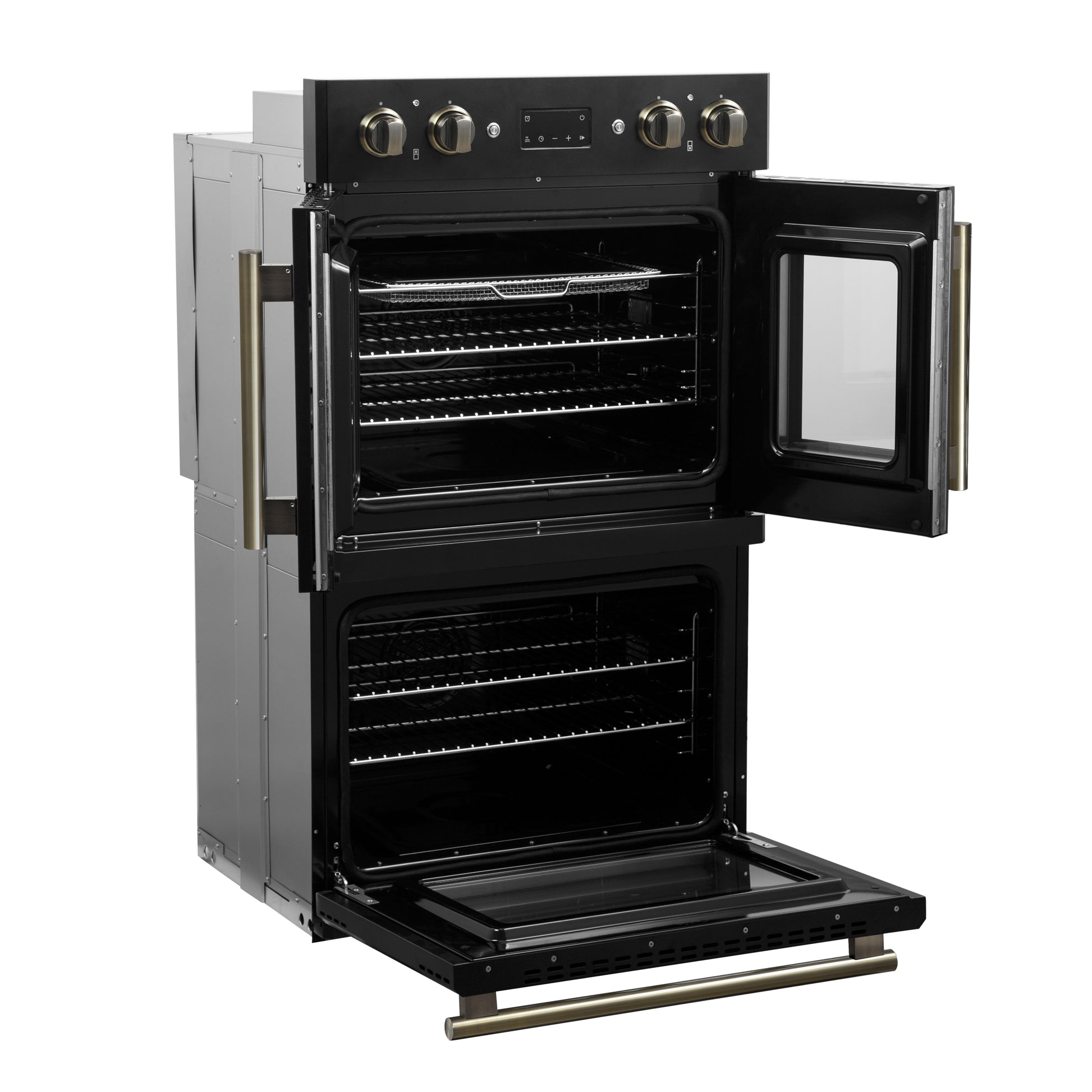 Forno Asti 30-Inch Double Electric Wall Oven with Upper French Doors in Black & Antique Brass, 7.36 cu. ft. Dual True Convection, 7,200W, Air Fry, Sous Vide, Self-Clean - Forno Appliances