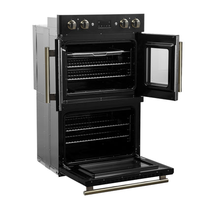 Forno Asti 30-Inch Double Electric Wall Oven with Upper French Doors in Black & Antique Brass, 7.36 cu. ft. Dual True Convection, 7,200W, Air Fry, Sous Vide, Self-Clean - Forno Appliances