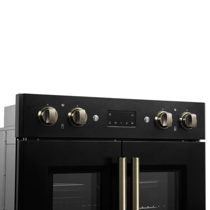 Forno Asti 30-Inch Double Electric Wall Oven with Upper French Doors in Black & Antique Brass, 7.36 cu. ft. Dual True Convection, 7,200W, Air Fry, Sous Vide, Self-Clean - Forno Appliances