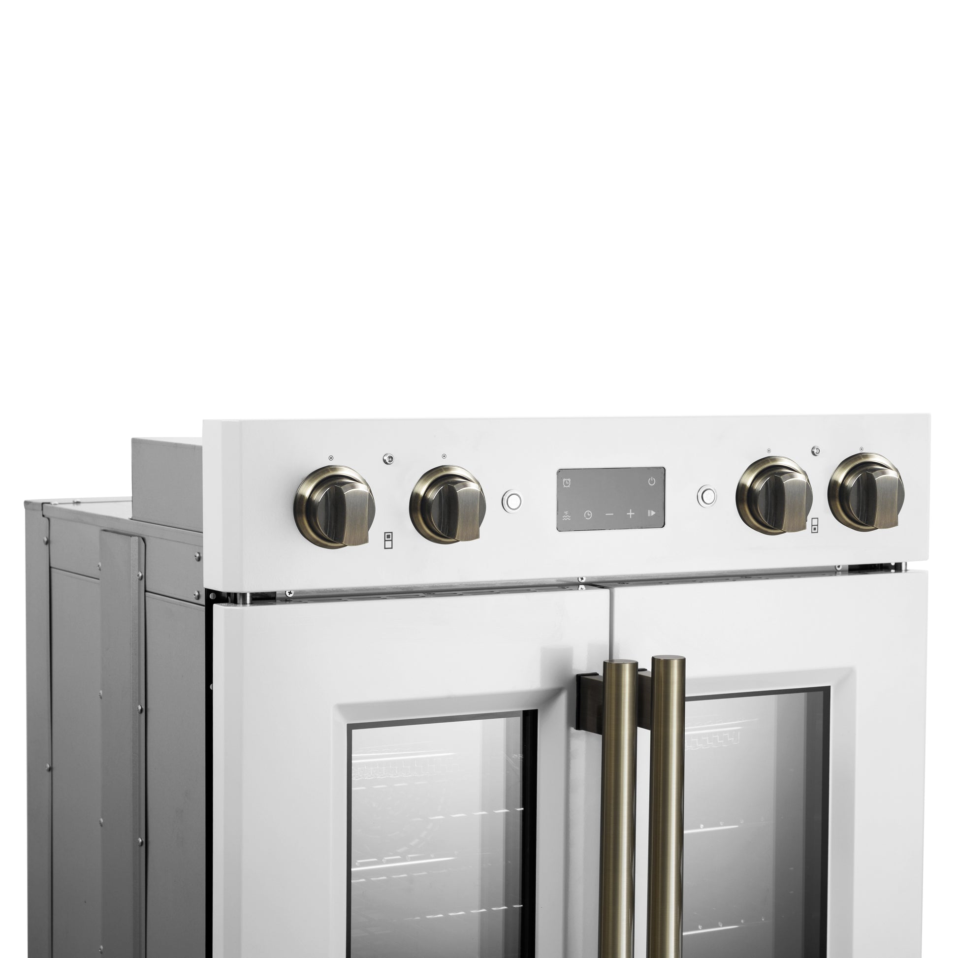 Forno Asti 30-Inch Double Electric Wall Oven with Upper French Doors in White & Antique Brass, 7.36 cu. ft. Dual True Convection, 7,200W, Air Fry, Sous Vide, Self-Clean - Forno Appliances