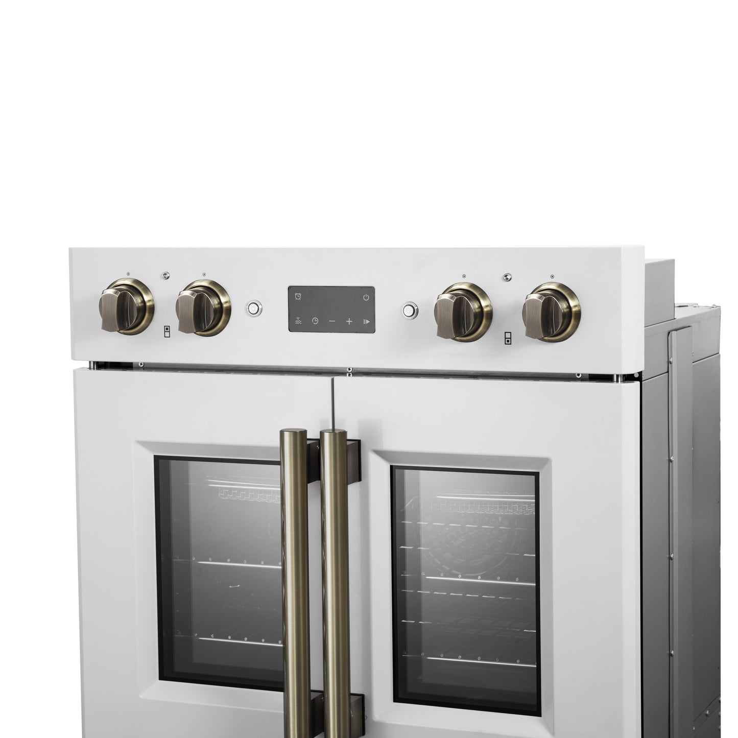 Forno Asti 30-Inch Double Electric Wall Oven with Upper French Doors in White & Antique Brass, 7.36 cu. ft. Dual True Convection, 7,200W, Air Fry, Sous Vide, Self-Clean - Forno Appliances