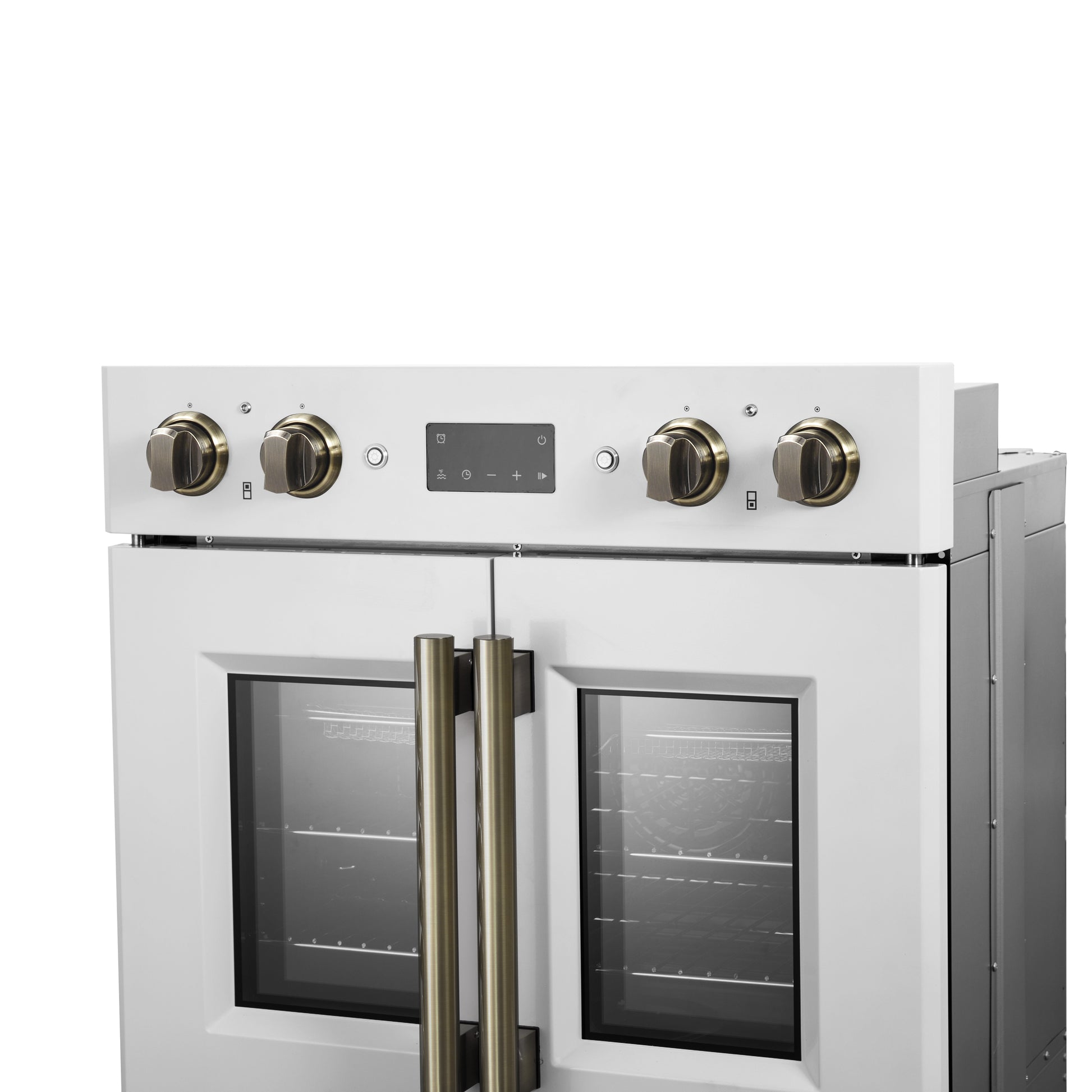 Forno Asti 30-Inch Double Electric Wall Oven with Upper French Doors in White & Antique Brass, 7.36 cu. ft. Dual True Convection, 7,200W, Air Fry, Sous Vide, Self-Clean - Forno Appliances